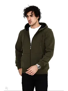 Erkek 3 İplik Pamuklu Kapüşonlu Tam Fermuarlı Cepli Hoodie Sweatshirt - Haki