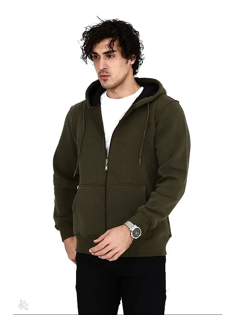 Erkek 3 İplik Pamuklu Kapüşonlu Tam Fermuarlı Cepli Hoodie Sweatshirt - Haki
