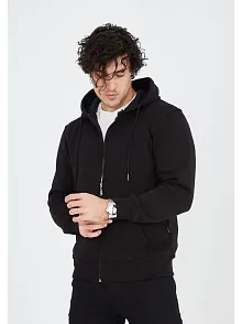Erkek 3 İplik Pamuklu Kapüşonlu Tam Fermuarlı Cepli Hoodie Sweatshirt - Siyah
