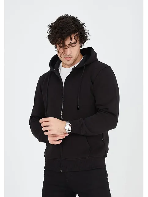 Erkek 3 İplik Pamuklu Kapüşonlu Tam Fermuarlı Cepli Hoodie Sweatshirt - Siyah