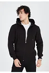 Erkek 3 İplik Pamuklu Kapüşonlu Tam Fermuarlı Cepli Hoodie Sweatshirt - Siyah