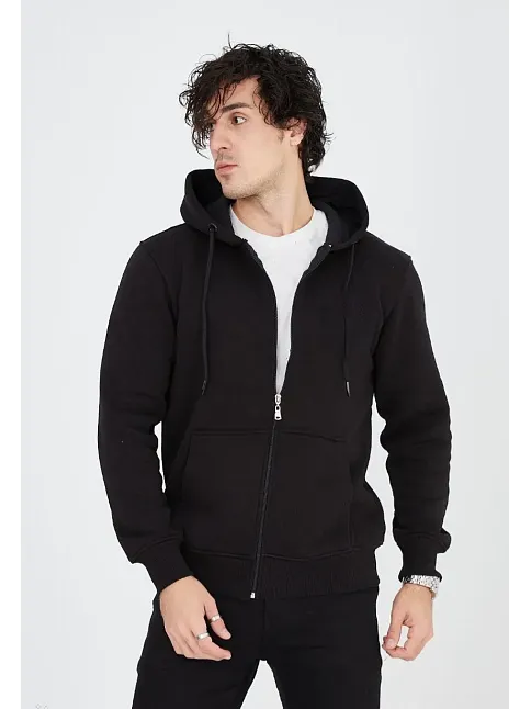 Erkek 3 İplik Pamuklu Kapüşonlu Tam Fermuarlı Cepli Hoodie Sweatshirt - Siyah
