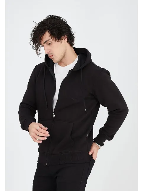 Erkek 3 İplik Pamuklu Kapüşonlu Tam Fermuarlı Cepli Hoodie Sweatshirt - Siyah