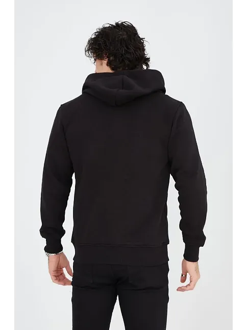 Erkek 3 İplik Pamuklu Kapüşonlu Tam Fermuarlı Cepli Hoodie Sweatshirt - Siyah