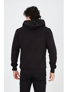 Erkek 3 İplik Pamuklu Kapüşonlu Tam Fermuarlı Cepli Hoodie Sweatshirt - Siyah