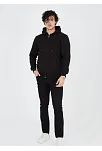 Erkek 3 İplik Pamuklu Kapüşonlu Tam Fermuarlı Cepli Hoodie Sweatshirt - Siyah