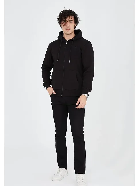 Erkek 3 İplik Pamuklu Kapüşonlu Tam Fermuarlı Cepli Hoodie Sweatshirt - Siyah
