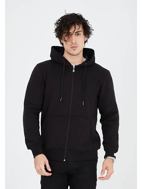 Erkek 3 İplik Pamuklu Kapüşonlu Tam Fermuarlı Cepli Hoodie Sweatshirt - Siyah