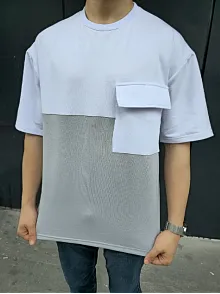 Erkek Kısa Kol Yazlık Tişört Torba Cepli Parçalı T-shirt - Gri