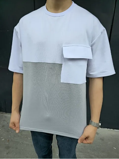 Erkek Kısa Kol Yazlık Tişört Torba Cepli Parçalı T-shirt - Gri