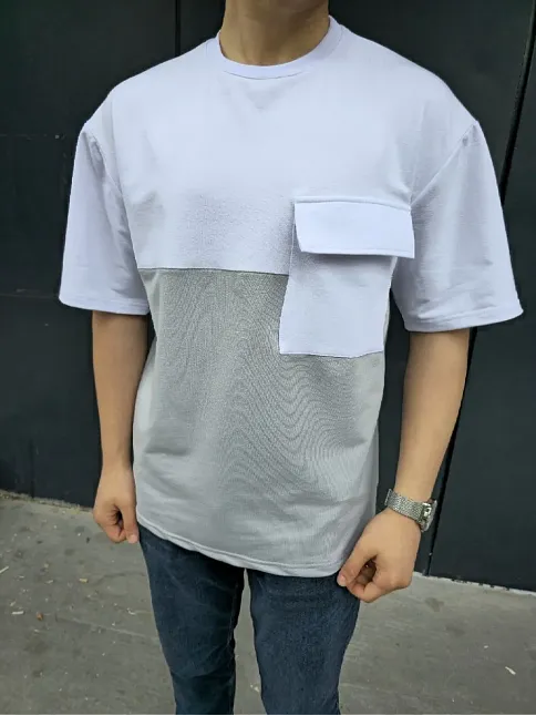 Erkek Kısa Kol Yazlık Tişört Torba Cepli Parçalı T-shirt - Gri