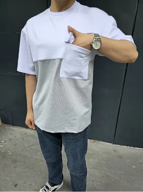 Erkek Kısa Kol Yazlık Tişört Torba Cepli Parçalı T-shirt - Gri