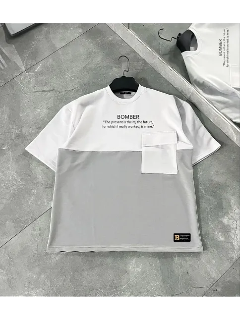 Erkek Tişört Torba Cepli Parçalı Kısa Kol T-shirt - Gri
