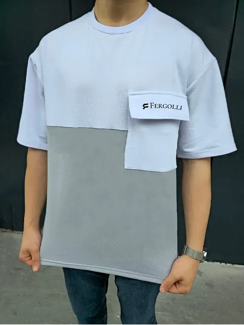 Erkek Tişört Torba Cepli Parçalı Kısa Kol T-shirt - Gri