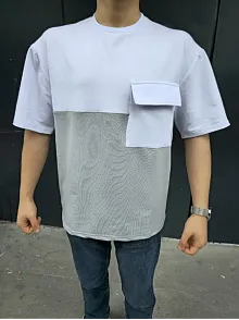 Erkek Kısa Kol Yazlık Tişört Torba Cepli Parçalı T-shirt - Gri