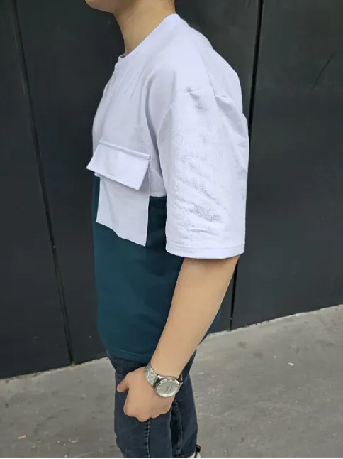 Erkek Kısa Kol Yazlık Tişört Torba Cepli Parçalı T-shirt - Lacivert