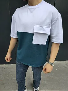 Erkek Kısa Kol Yazlık Tişört Torba Cepli Parçalı T-shirt - Lacivert