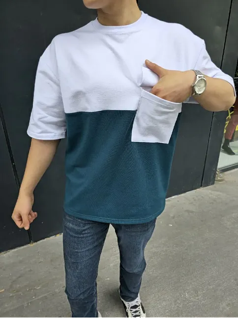 Erkek Kısa Kol Yazlık Tişört Torba Cepli Parçalı T-shirt - Lacivert