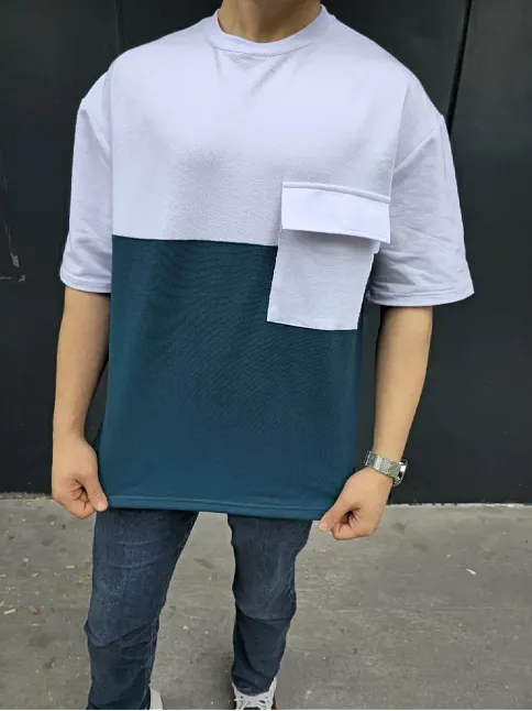 Erkek Kısa Kol Yazlık Tişört Torba Cepli Parçalı T-shirt - Lacivert