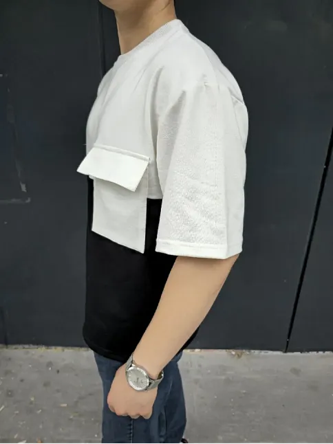 Erkek Kısa Kol Yazlık Tişört Torba Cepli Parçalı T-shirt - Siyah