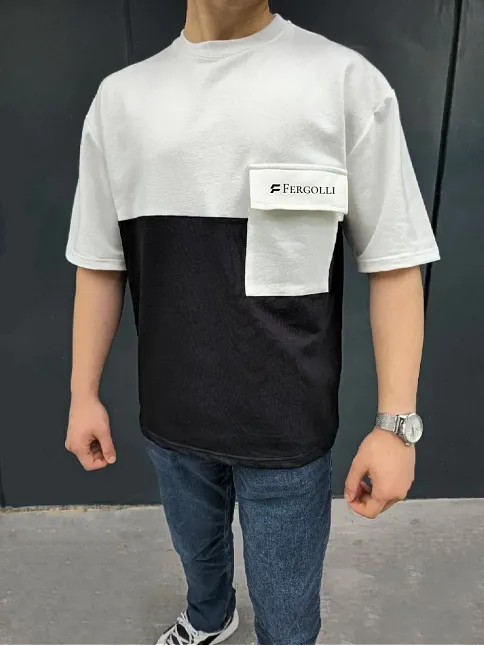 Erkek Tişört Torba Cepli Parçalı Kısa Kol T-shirt - Siyah