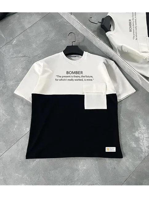 Erkek Tişört Torba Cepli Parçalı Kısa Kol T-shirt - İyah