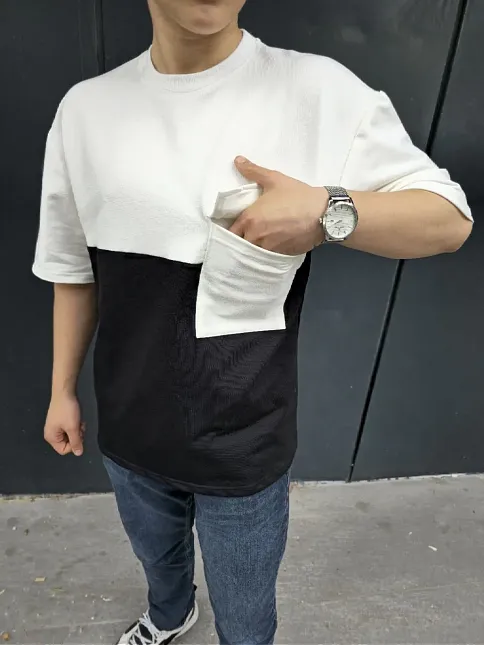 Erkek Kısa Kol Yazlık Tişört Torba Cepli Parçalı T-shirt - Siyah