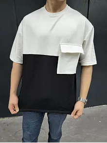 Erkek Kısa Kol Yazlık Tişört Torba Cepli Parçalı T-shirt - Siyah