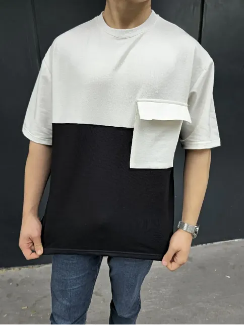 Erkek Kısa Kol Yazlık Tişört Torba Cepli Parçalı T-shirt - Siyah