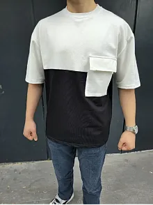 Erkek Kısa Kol Yazlık Tişört Torba Cepli Parçalı T-shirt - Siyah