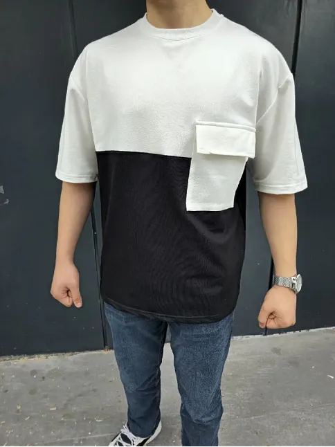 Erkek Kısa Kol Yazlık Tişört Torba Cepli Parçalı T-shirt - Siyah