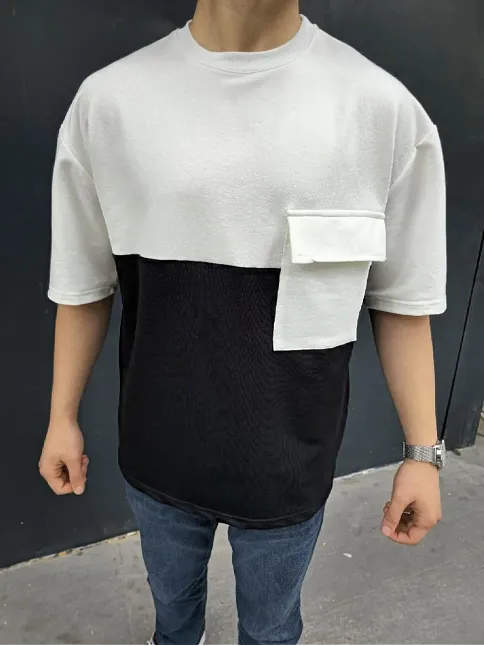 Erkek Kısa Kol Yazlık Tişört Torba Cepli Parçalı T-shirt - Siyah