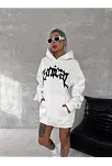 Kadın Oversize Kapüşonlu Cepli Baskılı 3 İplik Pamuklu Hoodie Sweatshirt - Beyaz