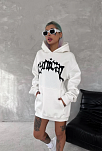 Kadın Oversize Kapüşonlu Cepli Baskılı 3 İplik Pamuklu Hoodie Sweatshirt - Beyaz