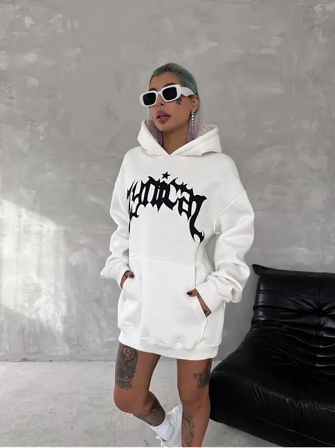 Kadın Oversize Kapüşonlu Cepli Baskılı 3 İplik Pamuklu Hoodie Sweatshirt - Beyaz