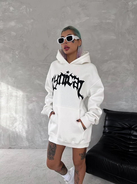 Kadın Oversize Kapüşonlu Cepli Baskılı 3 İplik Pamuklu Hoodie Sweatshirt - Beyaz