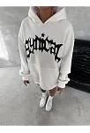 Kadın Oversize Kapüşonlu Cepli Baskılı 3 İplik Pamuklu Hoodie Sweatshirt - Beyaz
