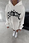 Kadın Oversize Kapüşonlu Cepli Baskılı 3 İplik Pamuklu Hoodie Sweatshirt - Beyaz