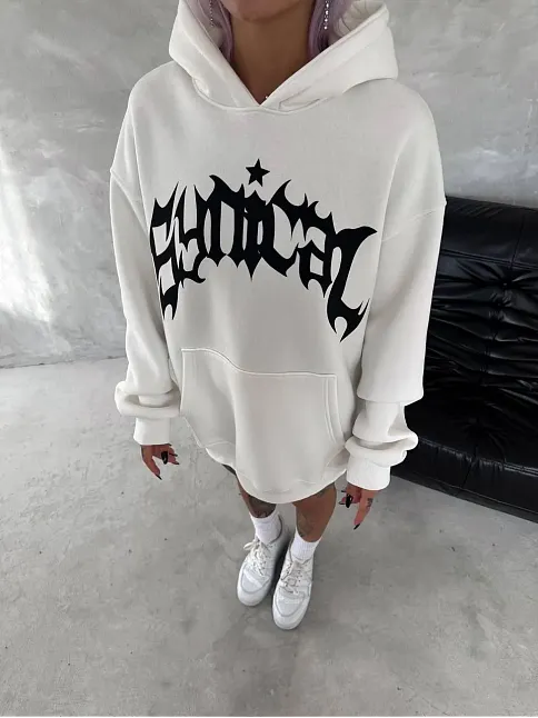Kadın Oversize Kapüşonlu Cepli Baskılı 3 İplik Pamuklu Hoodie Sweatshirt - Beyaz