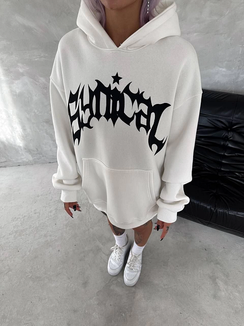 Kadın Oversize Kapüşonlu Cepli Baskılı 3 İplik Pamuklu Hoodie Sweatshirt - Beyaz