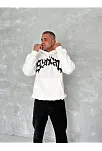 Erkek 3 İplik Pamuklu Kapüşonlu Baskılı Cepli Oversize Sweatshirt Hoodie - Beyaz