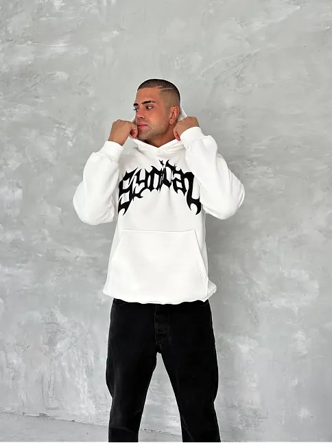 Erkek 3 İplik Pamuklu Kapüşonlu Baskılı Cepli Oversize Sweatshirt Hoodie - Beyaz