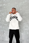 Erkek 3 İplik Pamuklu Kapüşonlu Baskılı Cepli Oversize Sweatshirt Hoodie - Beyaz