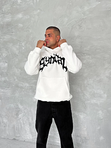 Erkek 3 İplik Pamuklu Kapüşonlu Baskılı Cepli Oversize Sweatshirt Hoodie - Beyaz