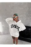 Kadın Oversize Kapüşonlu Cepli Baskılı 3 İplik Pamuklu Hoodie Sweatshirt - Beyaz