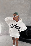 Kadın Oversize Kapüşonlu Cepli Baskılı 3 İplik Pamuklu Hoodie Sweatshirt - Beyaz