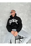 Erkek 3 İplik Pamuklu Kapüşonlu Baskılı Cepli Oversize Sweatshirt Hoodie - Siyah