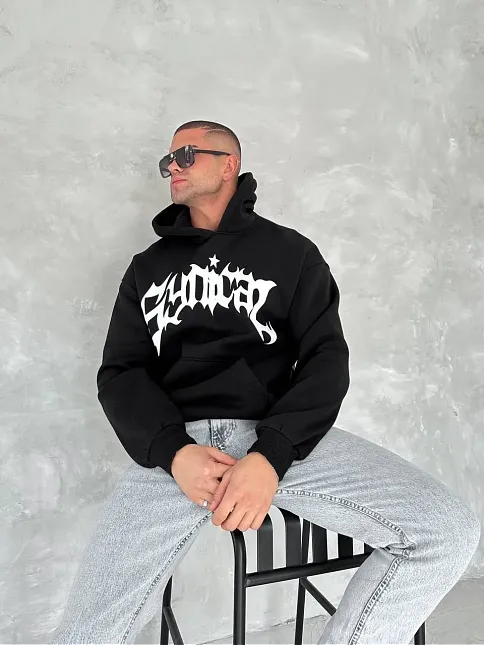Erkek 3 İplik Pamuklu Kapüşonlu Baskılı Cepli Oversize Sweatshirt Hoodie - Siyah