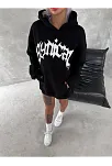 Kadın Oversize Kapüşonlu Cepli Baskılı 3 İplik Pamuklu Hoodie Sweatshirt - Siyah