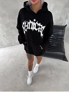 Kadın Oversize Kapüşonlu Cepli Baskılı 3 İplik Pamuklu Hoodie Sweatshirt - Siyah